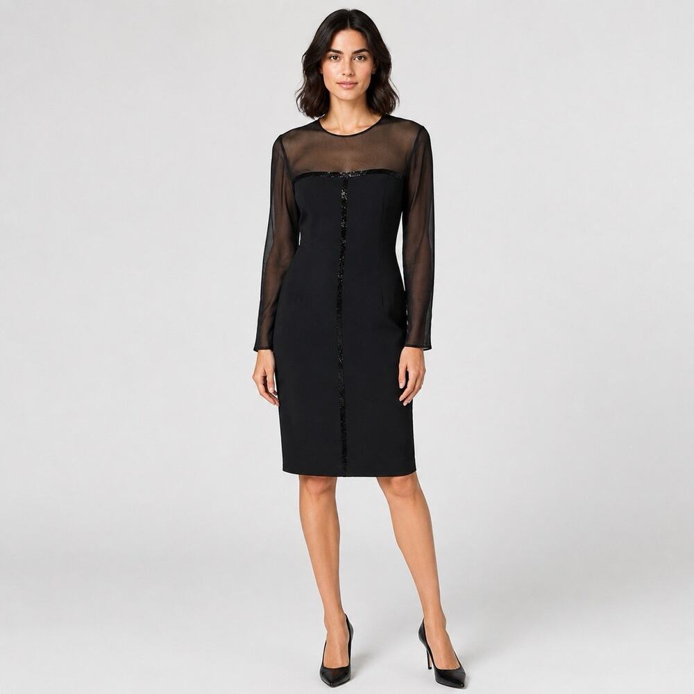 ESCADA Size 36 Black Beaded Long sleeve sheer Back Zip Evening Cocktail Dress